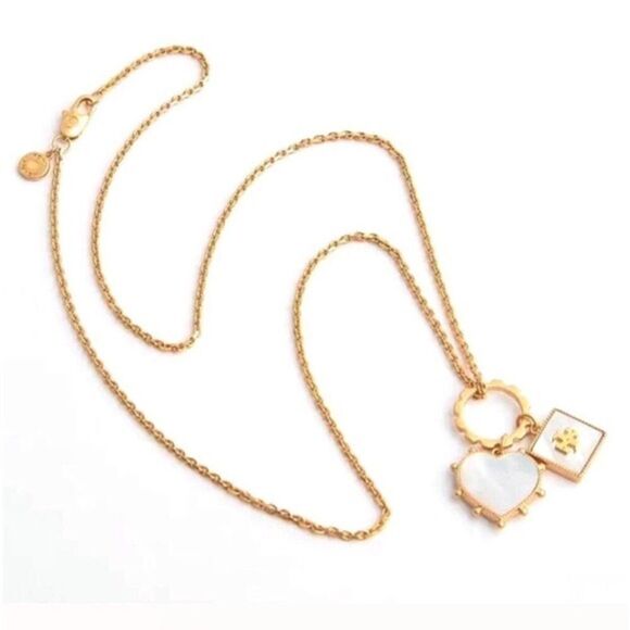 New Tory Burch Gold Mother Of Pearl Sqaure,Heart Necklace - Picture 5 of 10